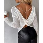 Pearls Strap Backless Twisted Knit Sweater Hollow Out Long Sleeve Top