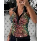 Contrast Sequin Turn-down Collar Sleeveless Tank Button Design Casual Slim Fit Top
