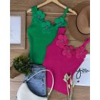2 Pack Solid 3D Flower Tank Top Asymmetrical Neck Sleeveless Casual Ribbed Knit Camisole