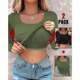   ChicMe Built-in Bra 2 Piece U-Neck Long Sleeve Athletic Tank Tops with Built-In Bras Ribbed Design Casual Pack Top