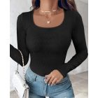 ChicMe Built-in Bra 2 Piece U-Neck Long Sleeve Athletic Tank Tops with Built-In Bras Ribbed Design Casual Pack Top