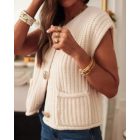 V-Neck Sleeveless Button Front Knit Vest Casual Loose Fit Sweater Top with Pockets