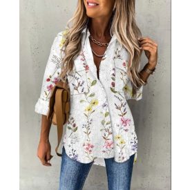   Floral Pattern Long Sleeve Shirt Eyelet Embroidery Pocket Design Blouse Top
