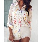 Floral Pattern Long Sleeve Shirt Eyelet Embroidery Pocket Design Blouse Top
