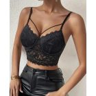 V-Neck Lace Crop Cami Top Spaghetti Strap Two Layer Bralette Bustier Tops