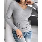 ChicMe Built-in Bra Notch Neck Long Sleeve Shirts Rib-Knit Ruched Waist Top