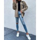 Turn-down Collar Long Sleeve Button Down Waffle Knit Shacket Loose Fit Coat with Pockets