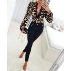 Leopard Print Contrast Lace Slim Fit Top Long Sleeve Plunge Blouse