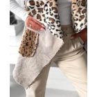 Reversible Leopard Pattern Fuzzy Fleece Lined Vest Lapel Sleeveless Casual Coat with Pockets