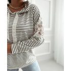 Striped Contrast Floral Lace Patch Hoodie Pullover Long Sleeve Casual Sweatshirt