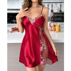   Satin Floral Embroidery Mesh Patchwork V-Neck Spaghetti Strap Mini Nightgown Sexy Babydoll