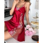 Satin Floral Embroidery Mesh Patchwork V-Neck Spaghetti Strap Mini Nightgown Sexy Babydoll