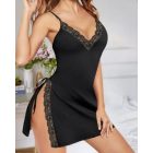 V Neck Spaghetti Strap Contrast Lace Babydolls Sexy Split Sleepwear Dress