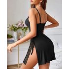 V Neck Spaghetti Strap Contrast Lace Babydolls Sexy Split Sleepwear Dress