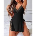 V Neck Spaghetti Strap Contrast Lace Babydolls Sexy Split Sleepwear Dress