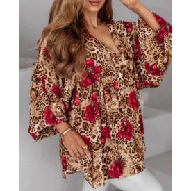   Colorblock Leopard Print Stand Collar Casual Blouse Lantern Sleeve Loose Fit Top