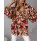 Colorblock Leopard Print Stand Collar Casual Blouse Lantern Sleeve Loose Fit Top