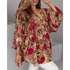 Colorblock Leopard Print Stand Collar Casual Blouse Lantern Sleeve Loose Fit Top