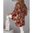 Colorblock Leopard Print Stand Collar Casual Blouse Lantern Sleeve Loose Fit Top