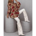 Colorblock Leopard Print Stand Collar Casual Blouse Lantern Sleeve Loose Fit Top