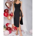 Contrast Lace V-Neck Sleeveless Babydoll Sexy Slit Slim Fit Sleepwear