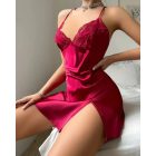 Contrast Lace V-Neck Spaghetti Strap Satin Babydoll Sexy Slim Fit Slit Night Dress