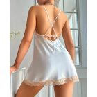 Colorblock Contrast Lace V-Neck Spaghetti Strap Satin Sleep Dress Sexy Slim Fit Slit Babydoll