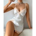 Colorblock Contrast Lace V-Neck Spaghetti Strap Satin Sleep Dress Sexy Slim Fit Slit Babydoll