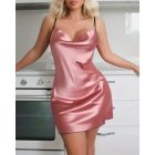 Contrast Lace Butterfly Cowl Neck Spaghetti Strap Satin Sleep Dress Sexy Slim Fit Babydoll