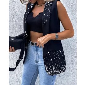 Rhinestone Decor Shawl Collar Long Sleeve Blazer Coat