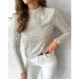   Mock Neck Hollow-out Back Allover Sequin Long Sleeve Top Partywear Blouse