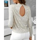 Mock Neck Hollow-out Back Allover Sequin Long Sleeve Top Partywear Blouse