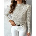 Mock Neck Hollow-out Back Allover Sequin Long Sleeve Top Partywear Blouse