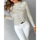 Mock Neck Hollow-out Back Allover Sequin Long Sleeve Top Partywear Blouse