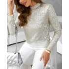 Mock Neck Hollow-out Back Allover Sequin Long Sleeve Top Partywear Blouse