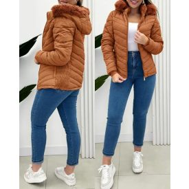   Zipper Pocket Design Shirred Fuzzy Trim Fleece Lined Hooded Puffer Jacket