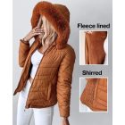 Zipper Pocket Design Shirred Fuzzy Trim Fleece Lined Hooded Puffer Jacket
