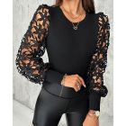 Floral Pattern Hollow-out Top Crewneck Lace Long Sleeve Pullover Blouse