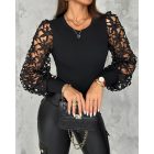 Floral Pattern Hollow-out Top Crewneck Lace Long Sleeve Pullover Blouse