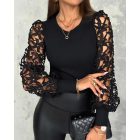 Floral Pattern Hollow-out Top Crewneck Lace Long Sleeve Pullover Blouse