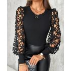 Floral Pattern Hollow-out Top Crewneck Lace Long Sleeve Pullover Blouse
