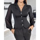 Notched Collar Sheer Mesh Patch Buttoned Blouse Top