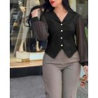 Notched Collar Sheer Mesh Patch Buttoned Blouse Top