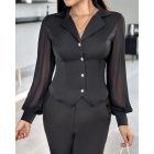 Notched Collar Sheer Mesh Patch Buttoned Blouse Top