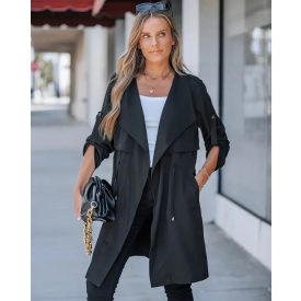   Drawstring Waist Roll Tap Sleeve Classic Trench Coat Lapel Overcoat Outerwear