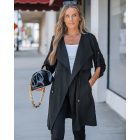Drawstring Waist Roll Tap Sleeve Classic Trench Coat Lapel Overcoat Outerwear