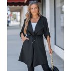 Drawstring Waist Roll Tap Sleeve Classic Trench Coat Lapel Overcoat Outerwear