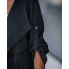 Drawstring Waist Roll Tap Sleeve Classic Trench Coat Lapel Overcoat Outerwear