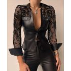 Contrast Lace Turn-down Collar PU Leather Button Down Shirt Sexy Slim Fit Long Sleeve Top