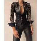 Contrast Lace Turn-down Collar PU Leather Button Down Shirt Sexy Slim Fit Long Sleeve Top